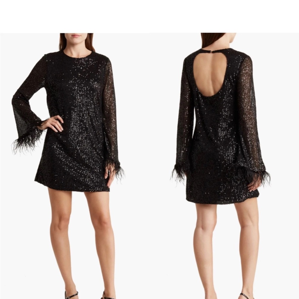 Wayf Black Sequin Long Sleeve Cocktail Mini Dress, Feathers, size XS, NWT